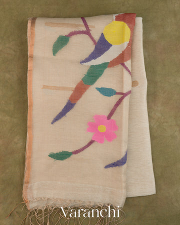 Off White Jamdani Pure Silk Linen Handloom Saree — Full Saree