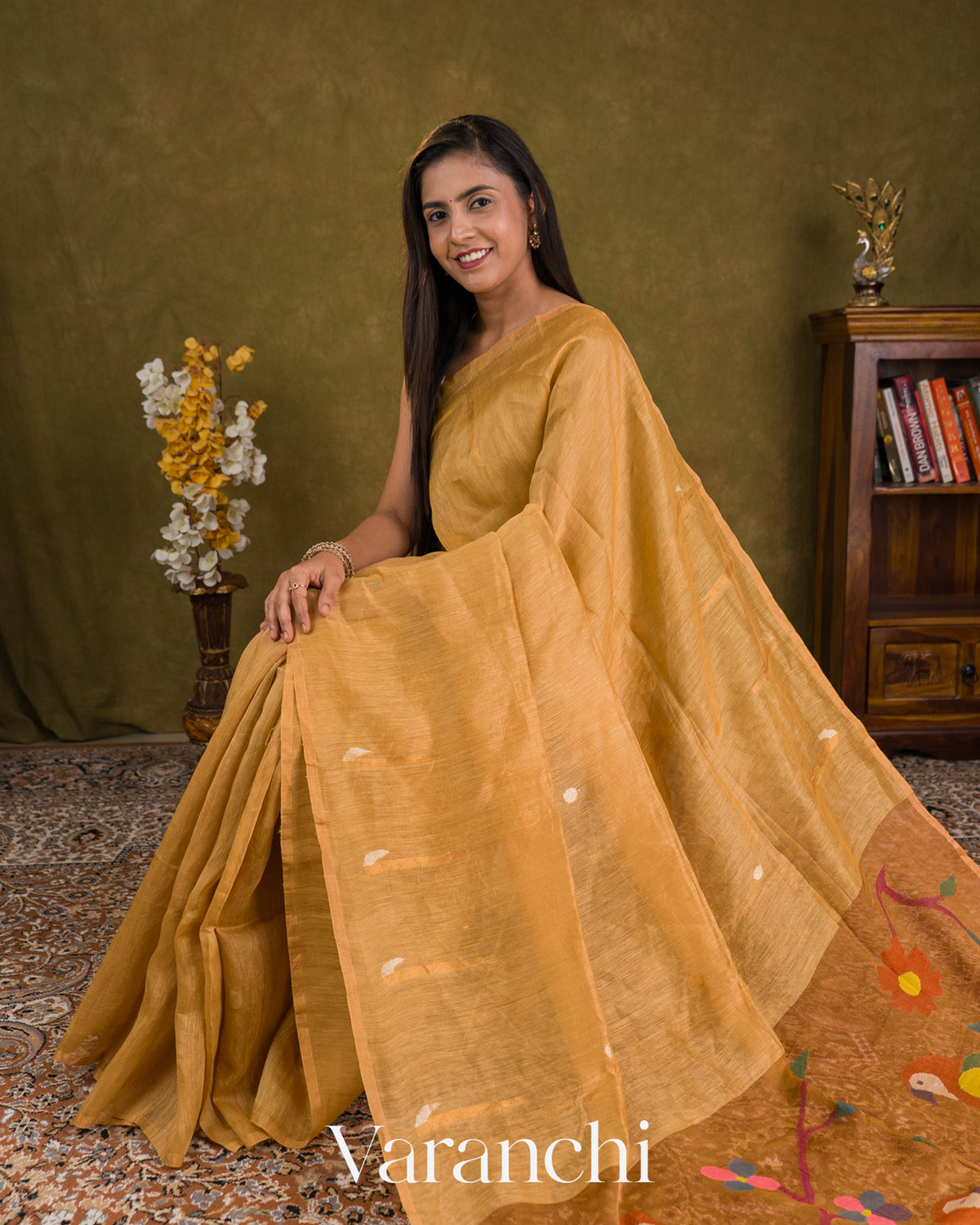 Antique Gold Jamdani Pure Silk Linen Handloom Saree — Draped