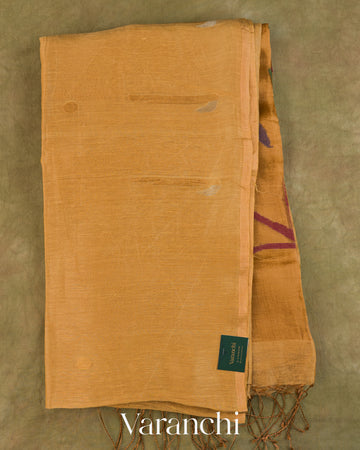 Antique Gold Jamdani Pure Silk Linen Handloom Saree — Folded