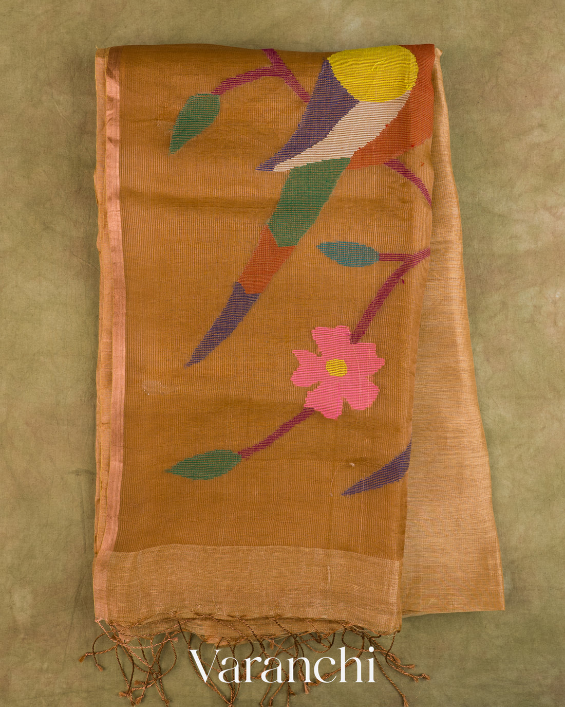 Antique Gold Jamdani Pure Silk Linen Handloom Saree — Full Saree