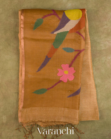 Antique Gold Jamdani Pure Silk Linen Handloom Saree — Full Saree
