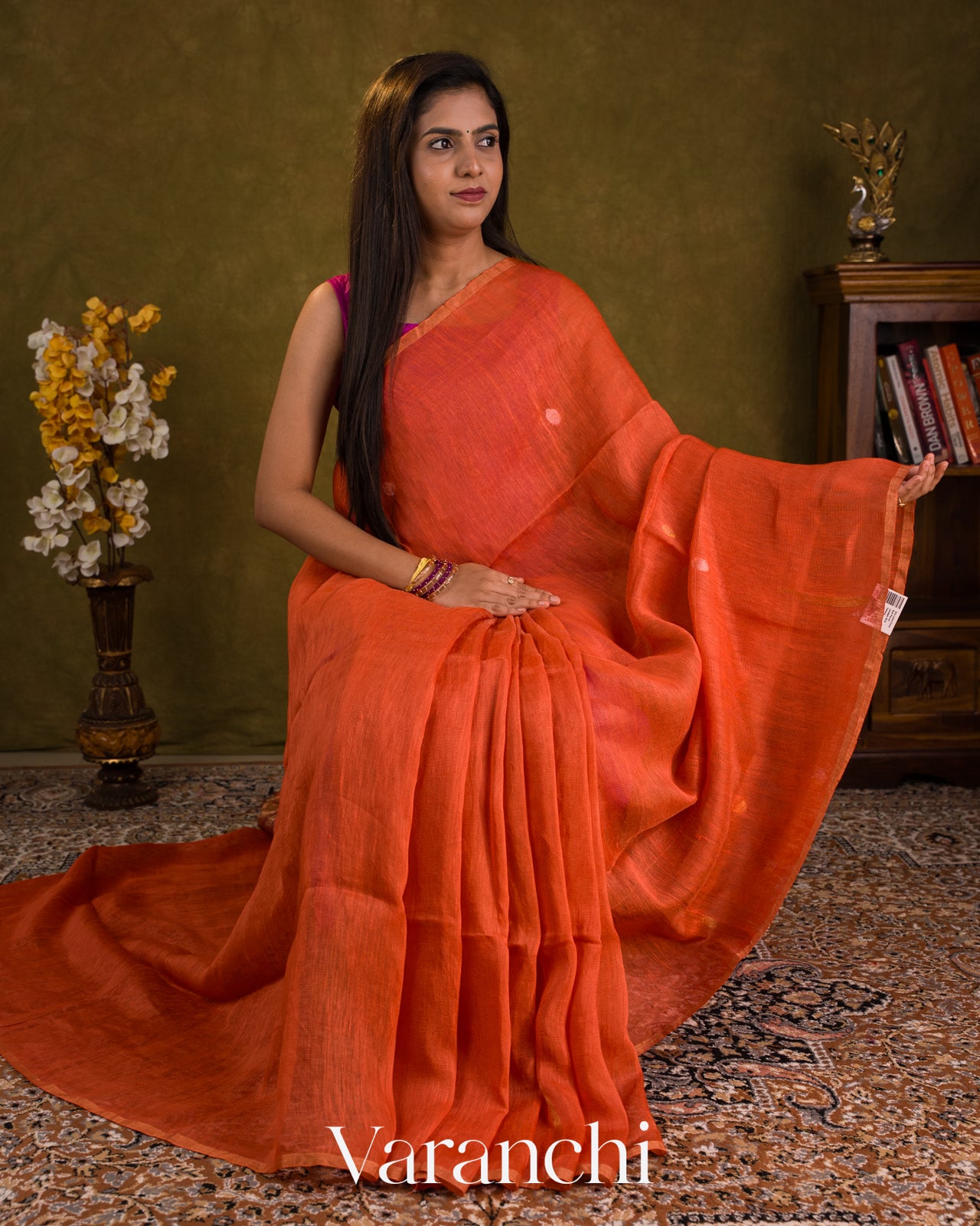 Coral Red Jamdani Pure Silk Linen Handloom Saree — Draped