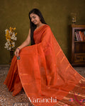 Coral Red Jamdani Pure Silk Linen Handloom Saree — Draped