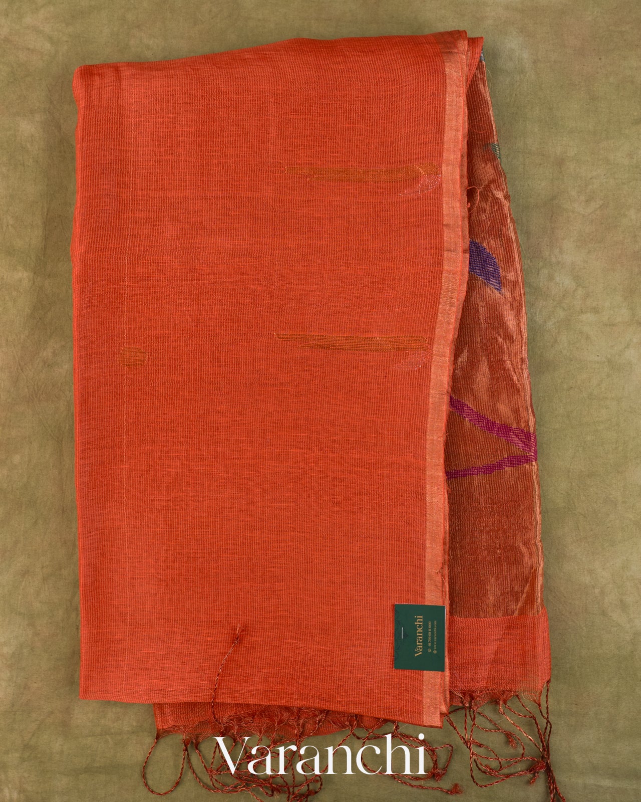 Coral Red Jamdani Pure Silk Linen Handloom Saree — Folded