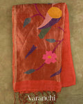 Coral Red Jamdani Pure Silk Linen Handloom Saree — Full Saree