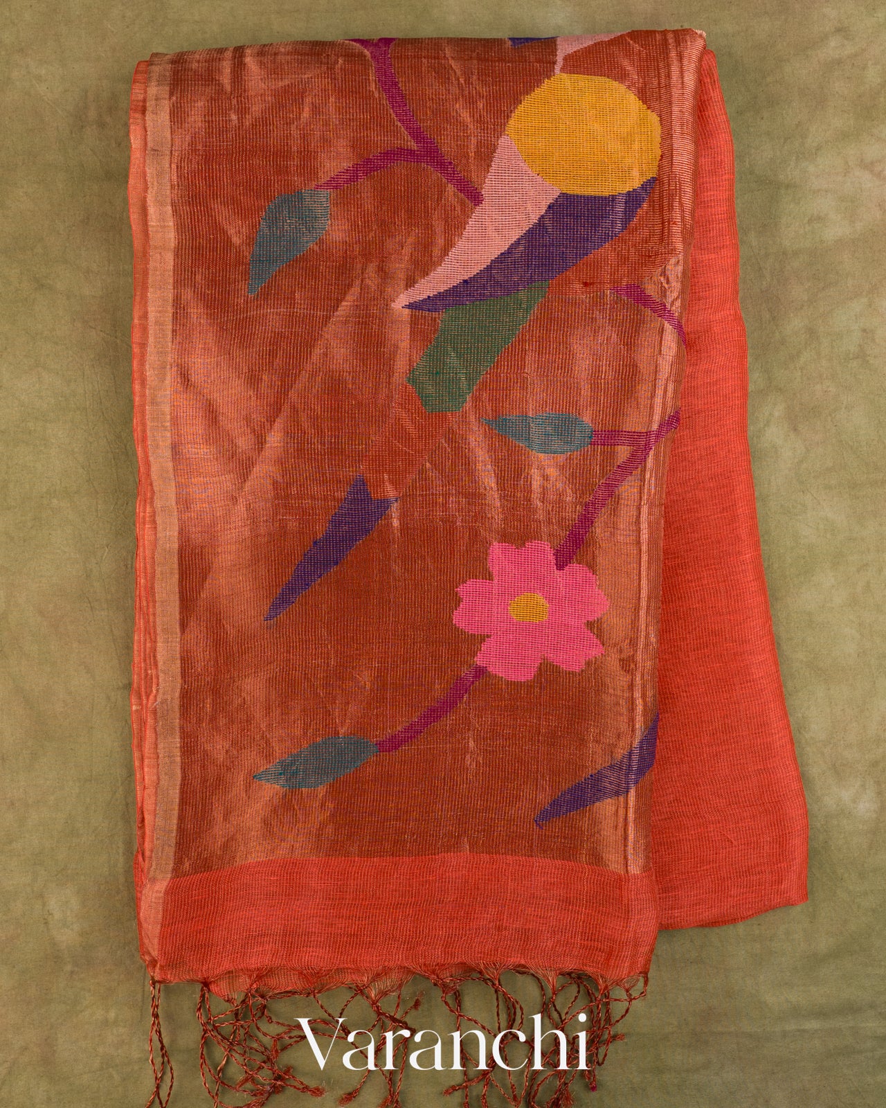 Coral Red Jamdani Pure Silk Linen Handloom Saree — Full Saree