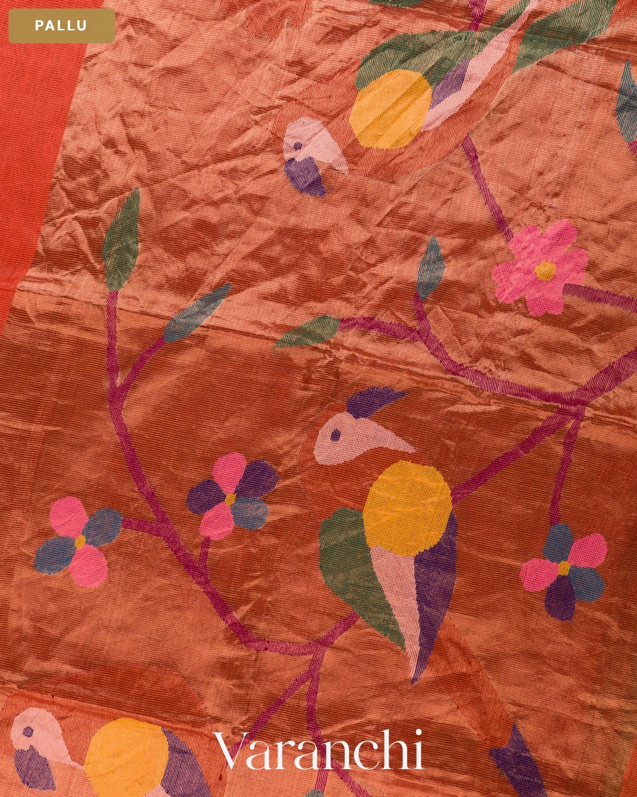 Coral Red Jamdani Pure Silk Linen Handloom Saree — Pallu