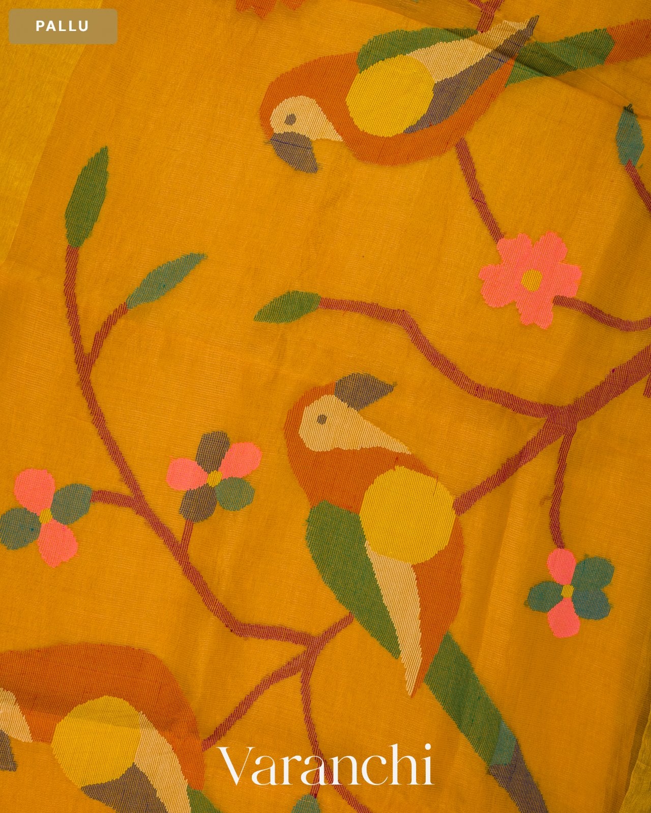 Golden Yellow Jamdani Pure Silk Linen Handloom Saree — Pallu