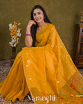 Golden Yellow Jamdani Pure Silk Linen Handloom Saree — Draped