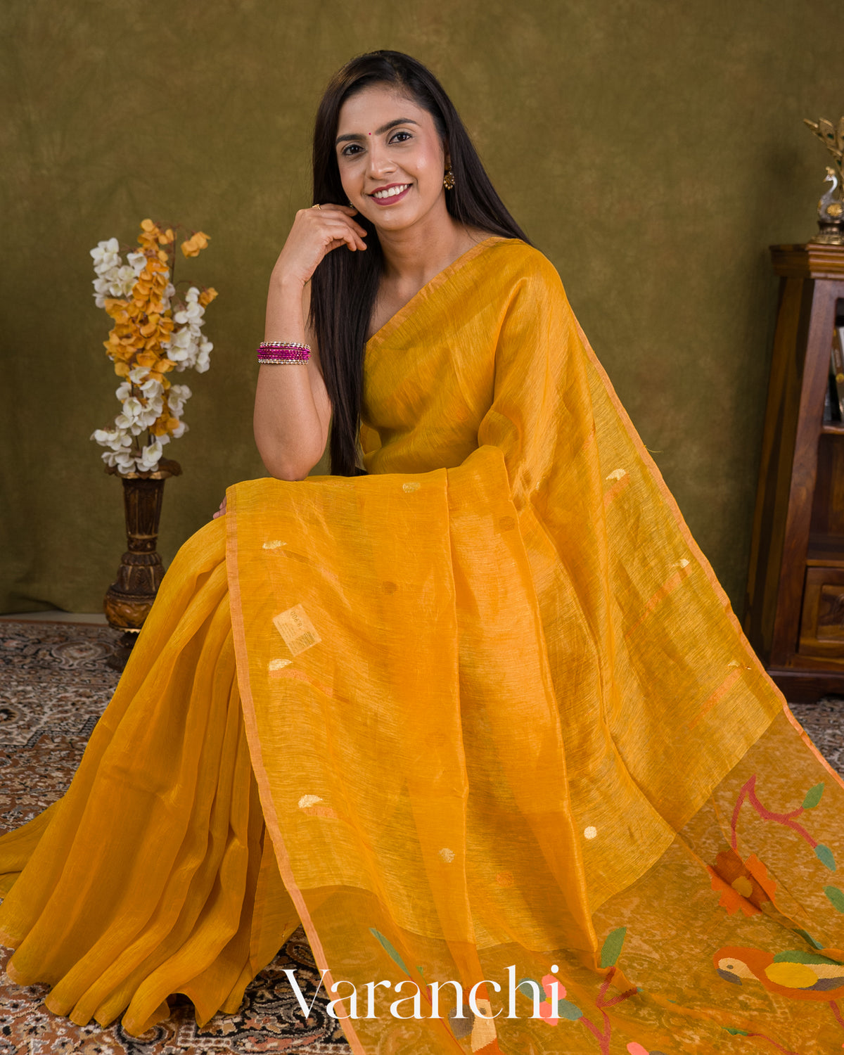 Golden Yellow Jamdani Pure Silk Linen Handloom Saree — Draped