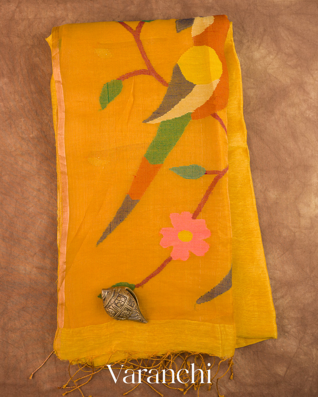 Golden Yellow Jamdani Pure Silk Linen Handloom Saree — Folded