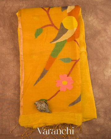 Golden Yellow Jamdani Pure Silk Linen Handloom Saree — Folded