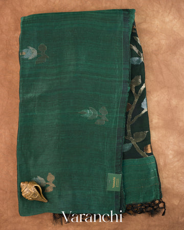 Deep Teal Green Jamdani Pure Silk Linen Handloom Saree — Full Saree