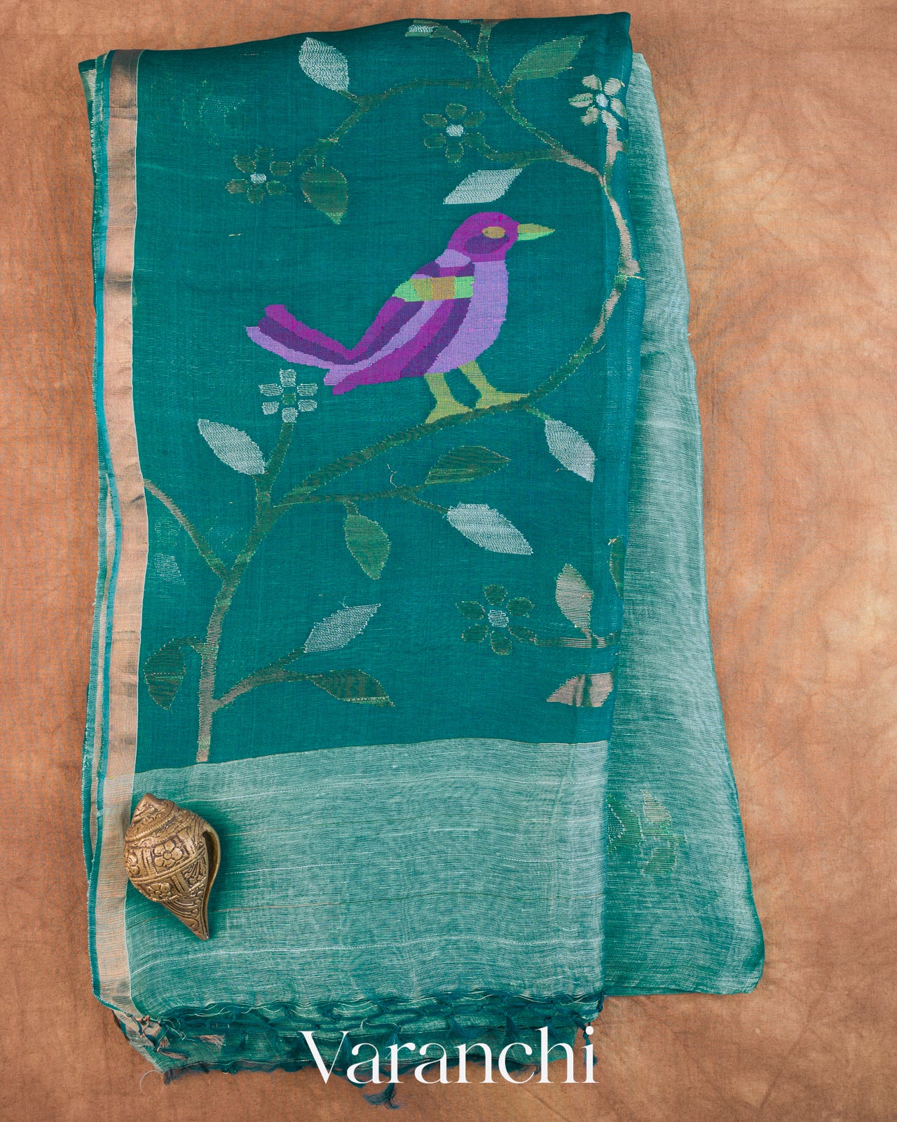 Ocean Deep Blue Jamdani Pure Silk Linen Handloom Saree — Full Saree