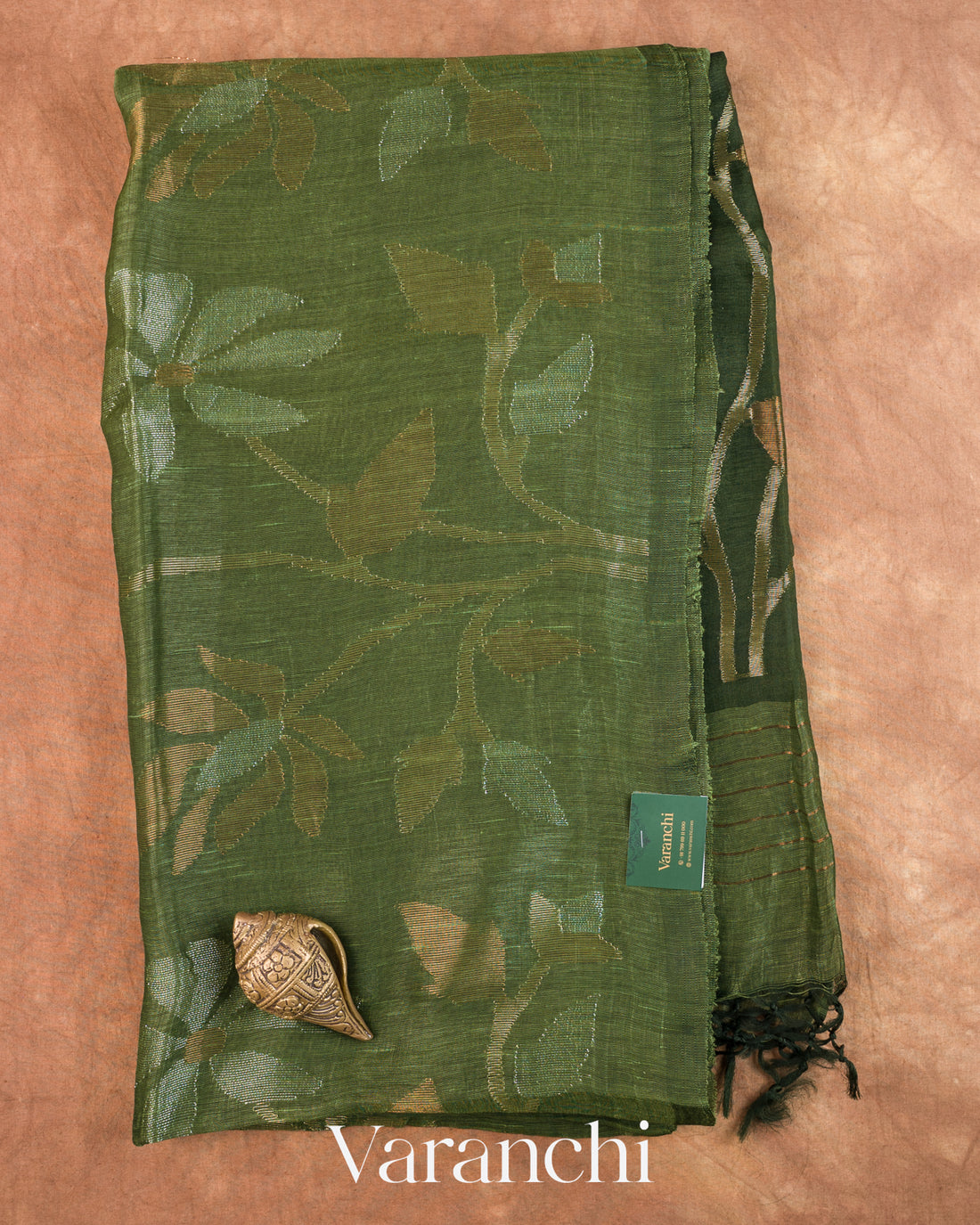 Deep Olive Green Jamdani Pure Silk Linen Handloom Saree — Folded