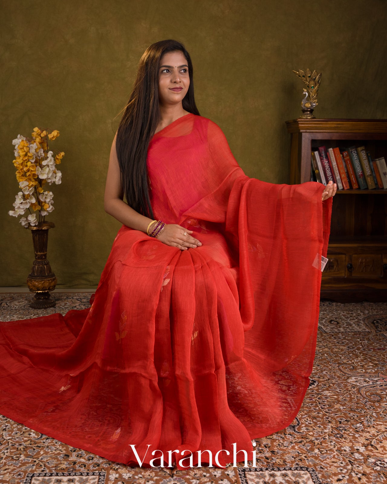 Brick Red Jamdani Pure Silk Linen Handloom Saree — Draped