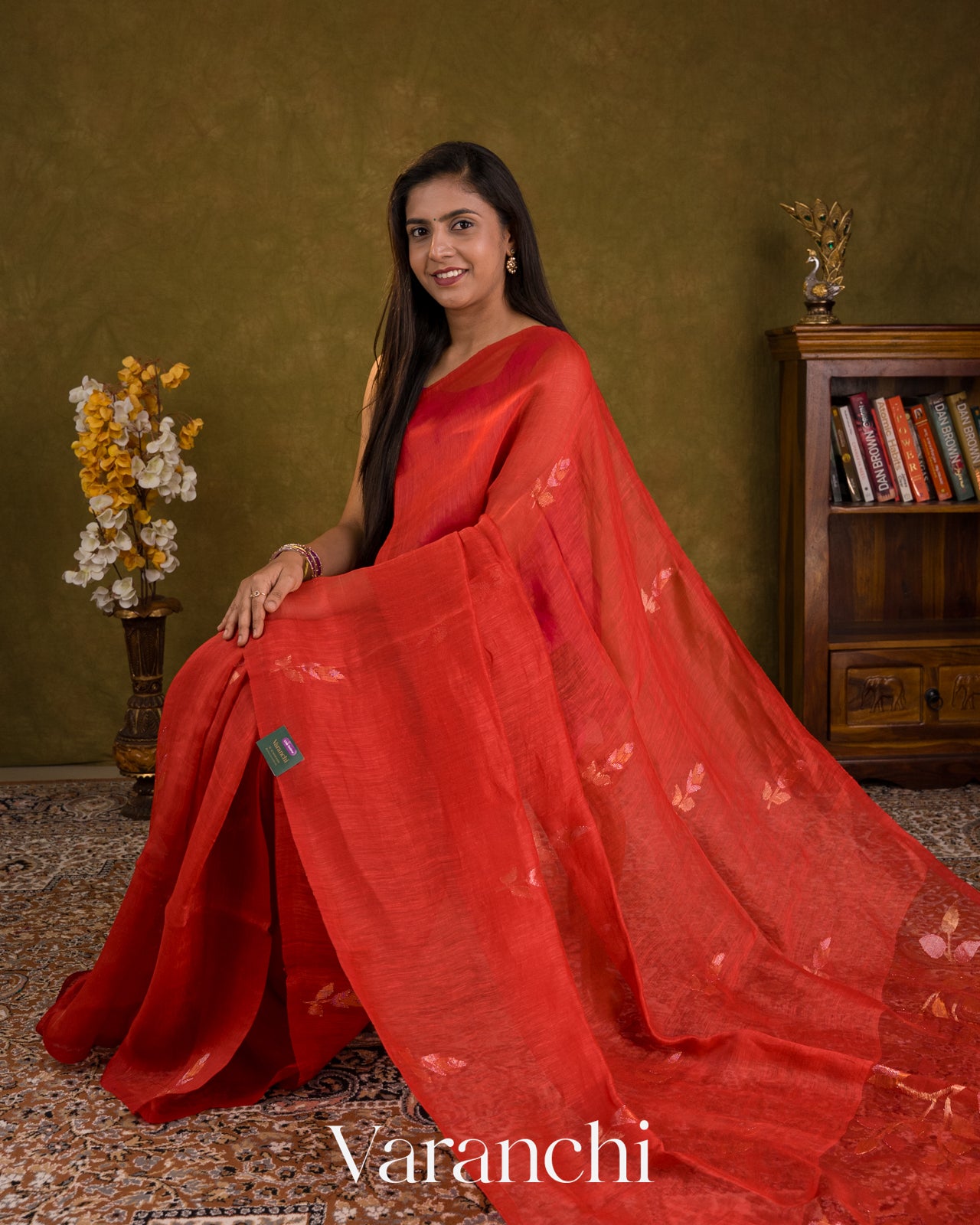 Brick Red Jamdani Pure Silk Linen Handloom Saree — Draped
