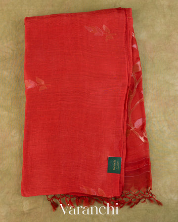 Brick Red Jamdani Pure Silk Linen Handloom Saree — Full Saree