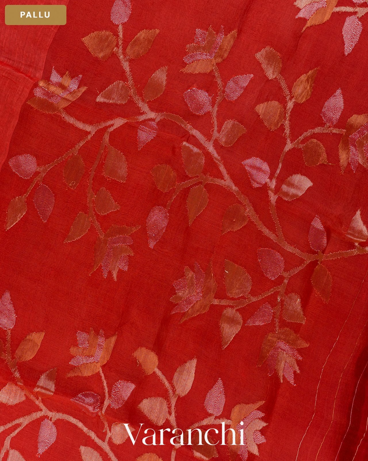 Brick Red Jamdani Pure Silk Linen Handloom Saree — Pallu