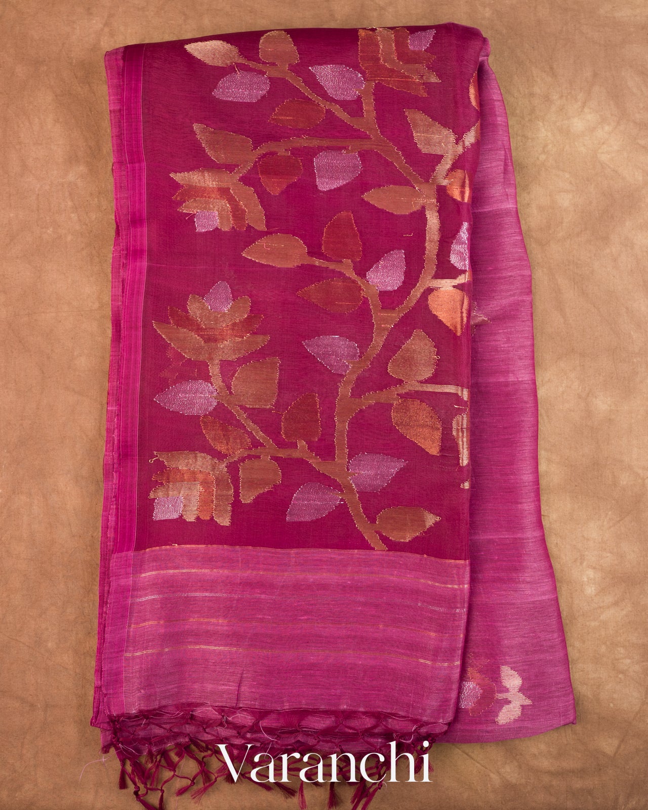 Light Wine Jamdani Pure Silk Linen Handloom Saree — Folded