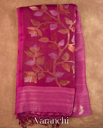Light Wine Jamdani Pure Silk Linen Handloom Saree — Folded