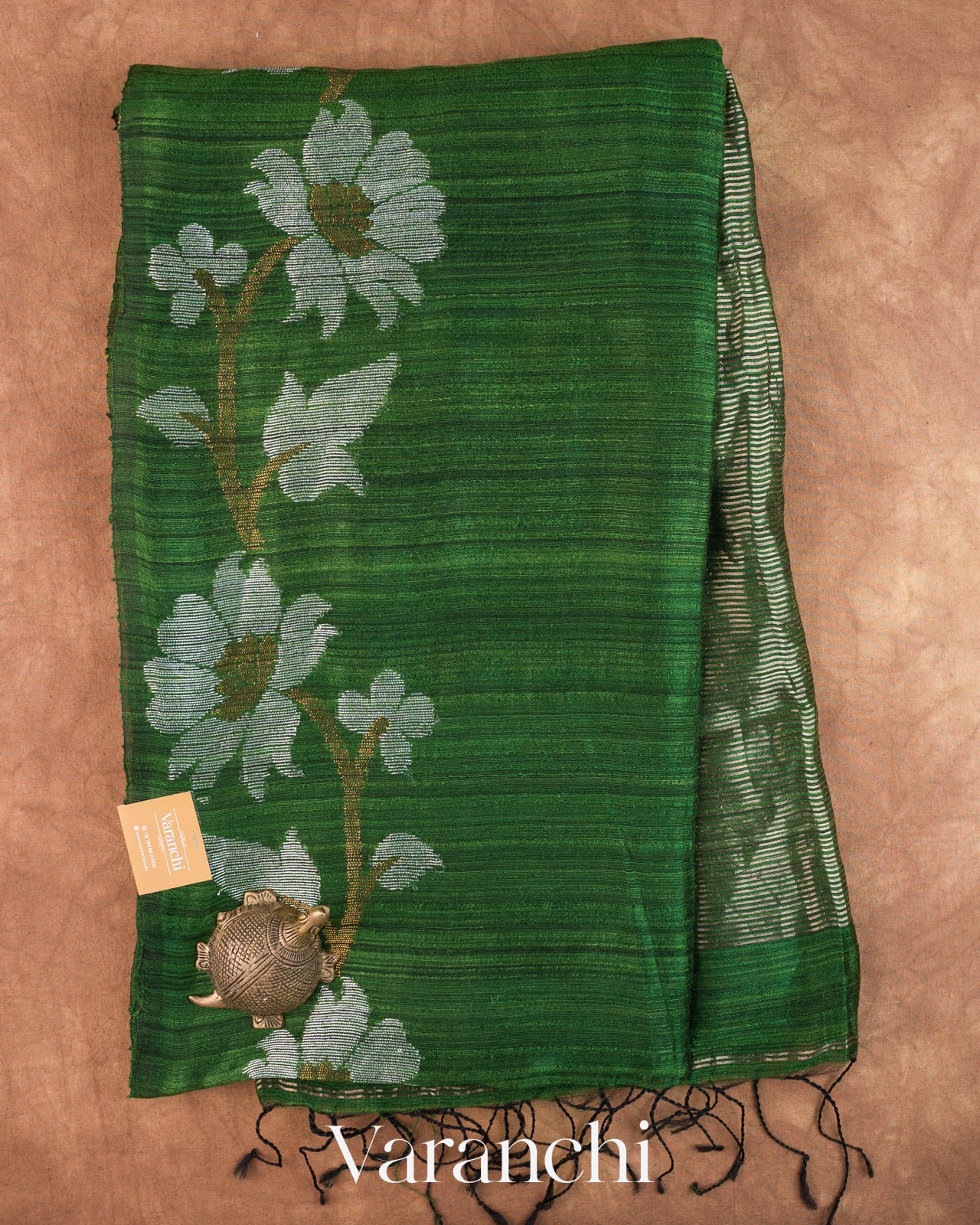 Bottle Green Jamdani Pure Matka Tissue Silk Handloom Saree — Full Saree