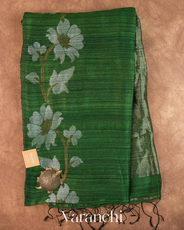 Bottle Green Jamdani Pure Matka Tissue Silk Handloom Saree — Full Saree