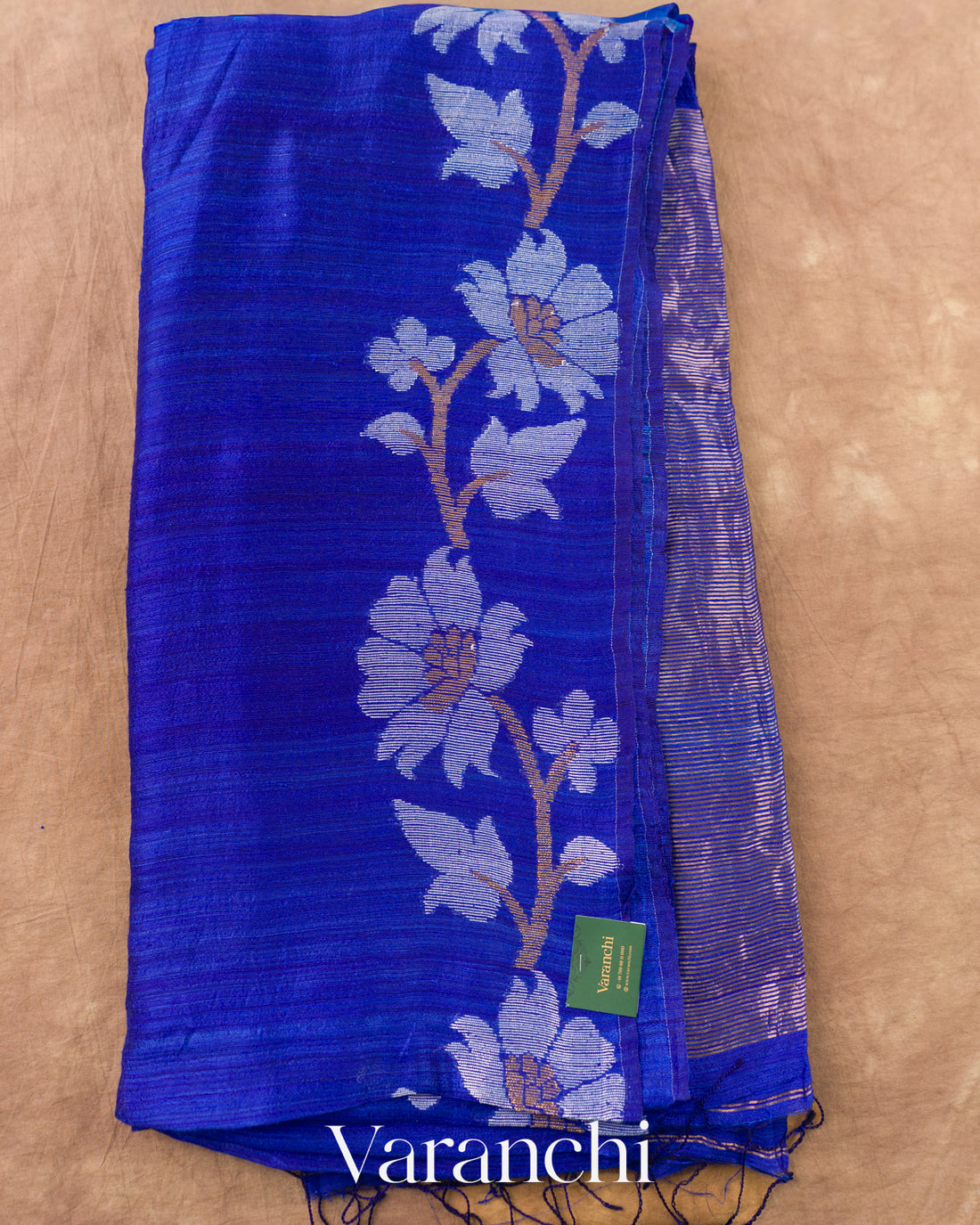 Royal Blue Floral Jamdani Pure Matka Silk Handloom Saree — Full Saree