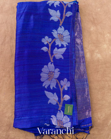 Royal Blue Floral Jamdani Pure Matka Silk Handloom Saree — Full Saree