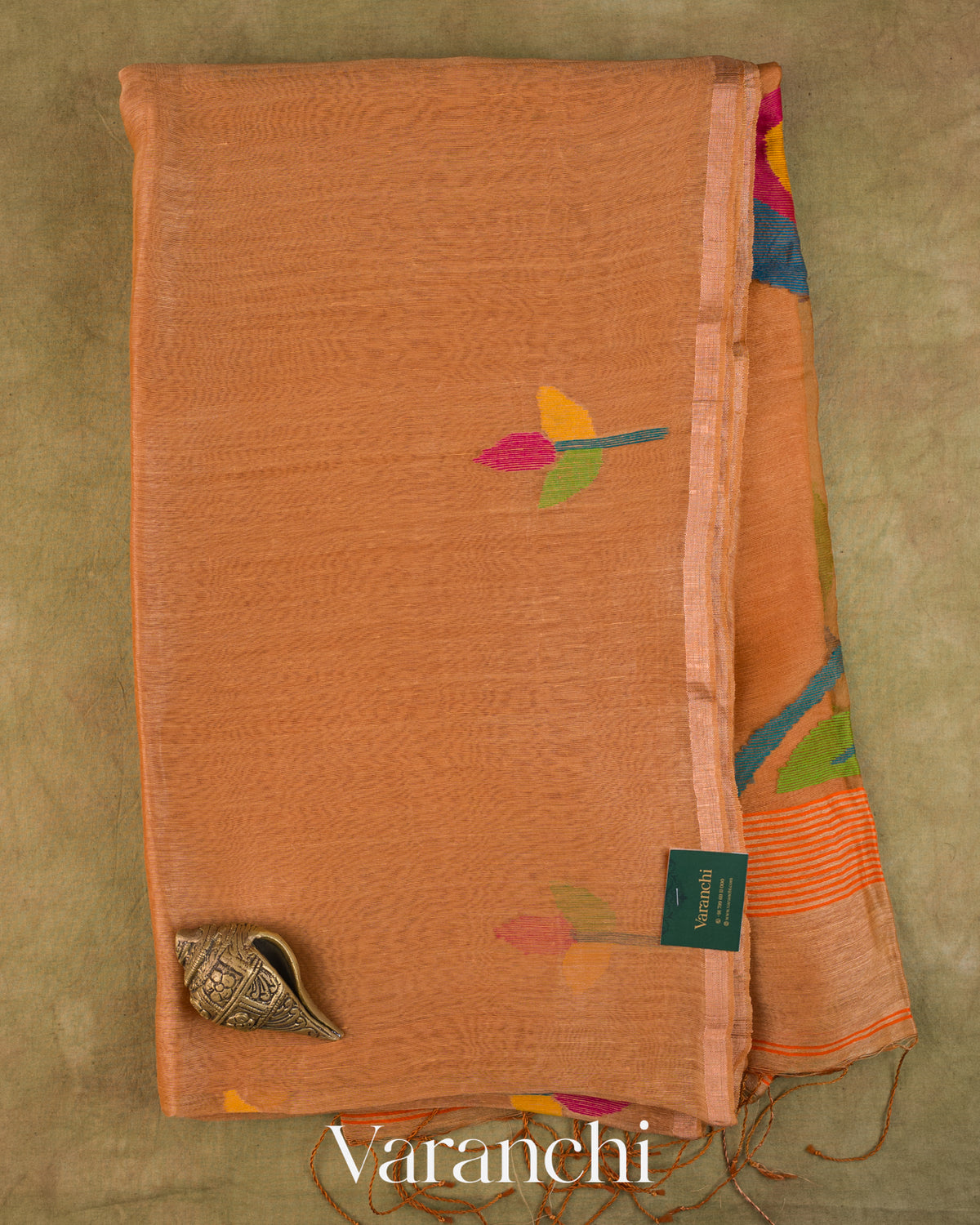 Caramel Orange Jamdani Pure Silk Linen Handloom Saree — Full Saree
