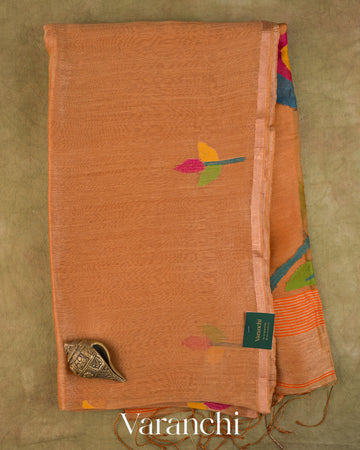 Caramel Orange Jamdani Pure Silk Linen Handloom Saree — Full Saree