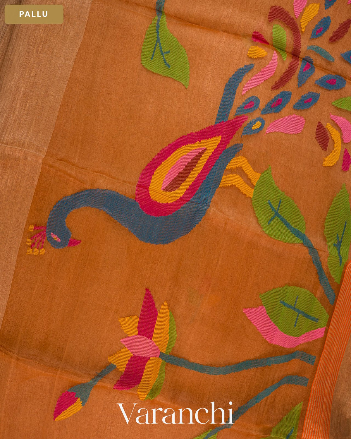Caramel Orange Jamdani Pure Silk Linen Handloom Saree — Pallu
