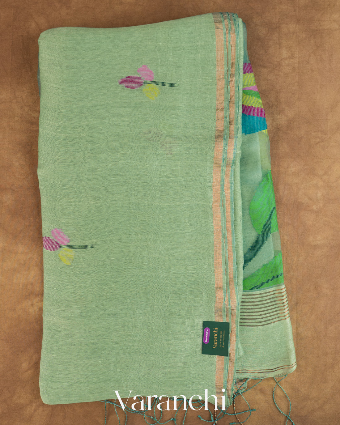 Aqua Green Jamdani Pure Silk Linen Handloom Saree — Full Saree