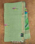 Aqua Green Jamdani Pure Silk Linen Handloom Saree — Full Saree