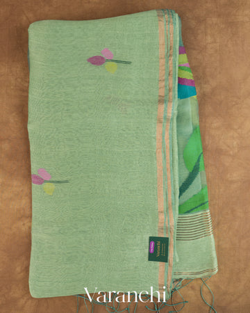 Aqua Green Jamdani Pure Silk Linen Handloom Saree — Full Saree