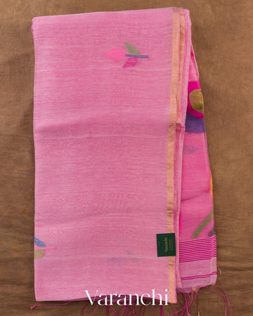Bright Pink Jamdani Pure Silk Linen Handloom Saree — Full Saree