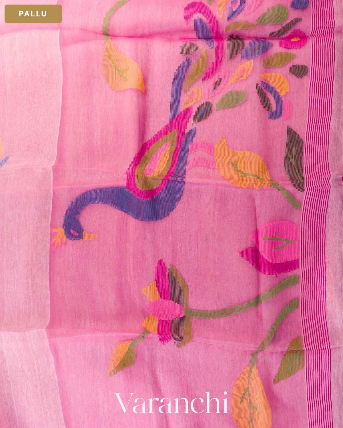 Bright Pink Jamdani Pure Silk Linen Handloom Saree — Pallu