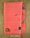 Peach Orange Jamdani Pure Silk Linen Handloom Saree — Full Saree