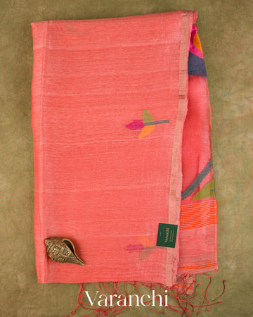 Peach Orange Jamdani Pure Silk Linen Handloom Saree — Full Saree