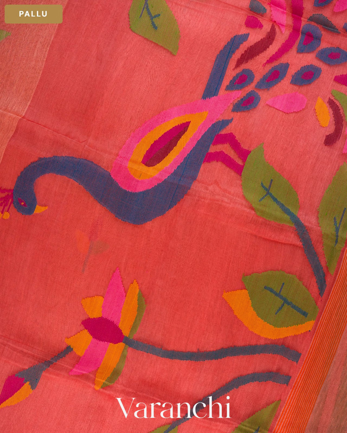 Peach Orange Jamdani Pure Silk Linen Handloom Saree — Pallu