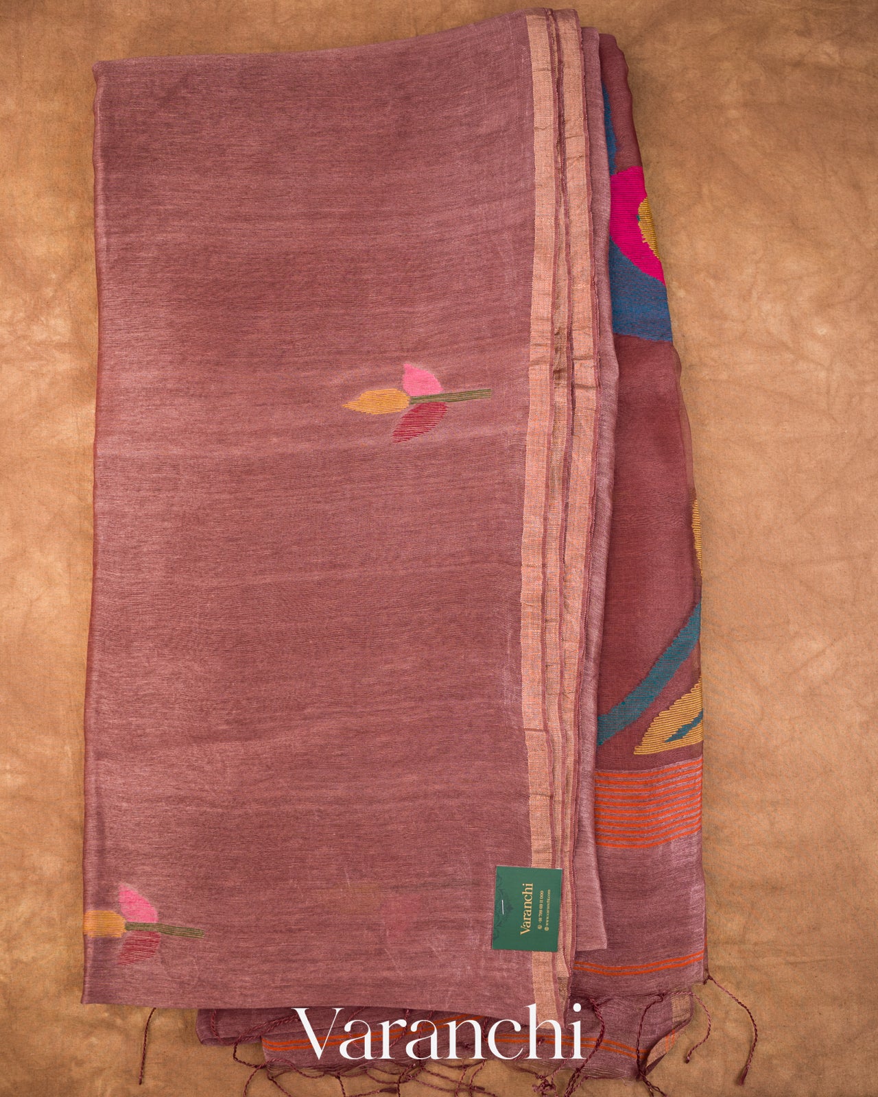 Light Burgundy Jamdani Pure Silk Linen Handloom Saree — Full Saree