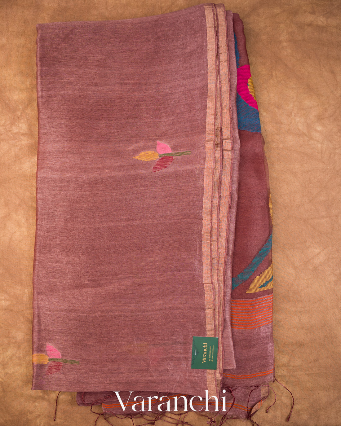 Light Burgundy Jamdani Pure Silk Linen Handloom Saree — Full Saree