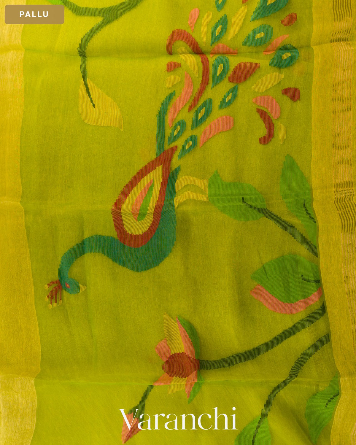 Lemon Green Jamdani Pure Silk Linen Handloom Saree — Pallu