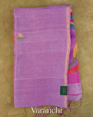 Lilac Jamdani Pure Silk Linen Handloom Saree — Full Saree