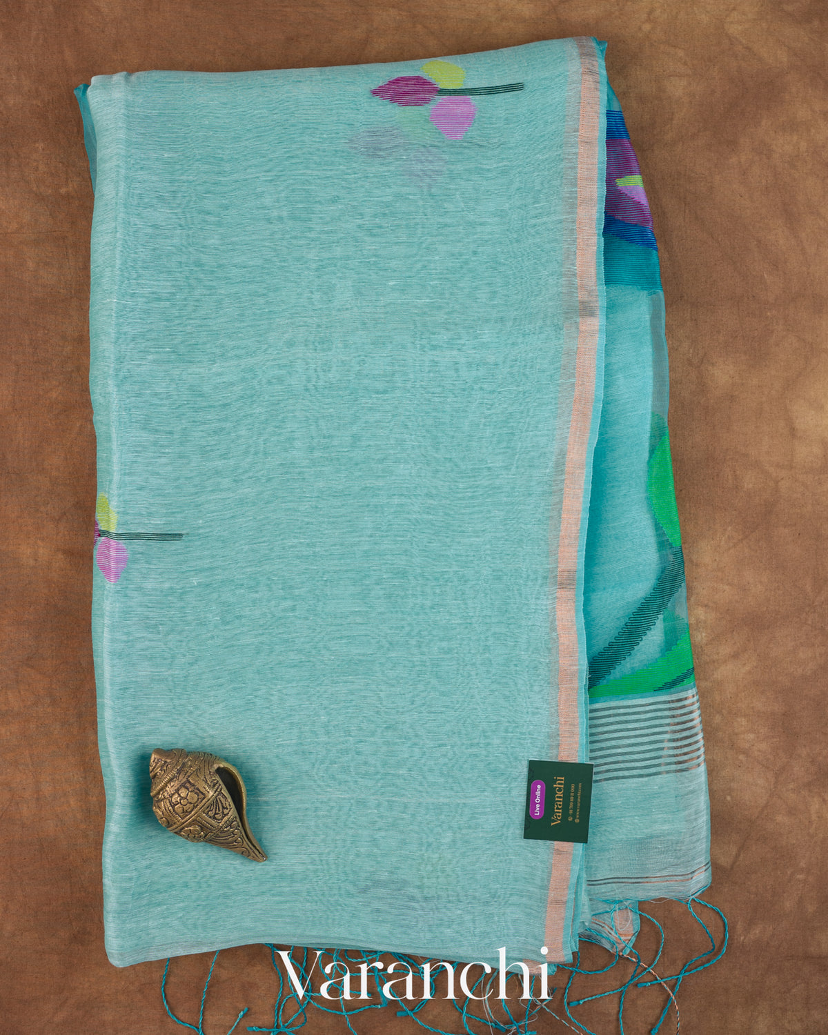 Aqua Blue Jamdani Pure Silk Linen Handloom Saree — Folded
