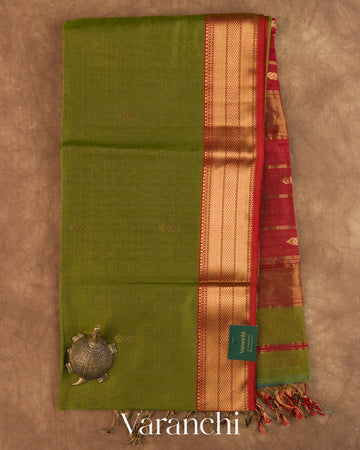 Olive Green Pure Maheshwari Silk Cotton Handloom Saree — Full Saree