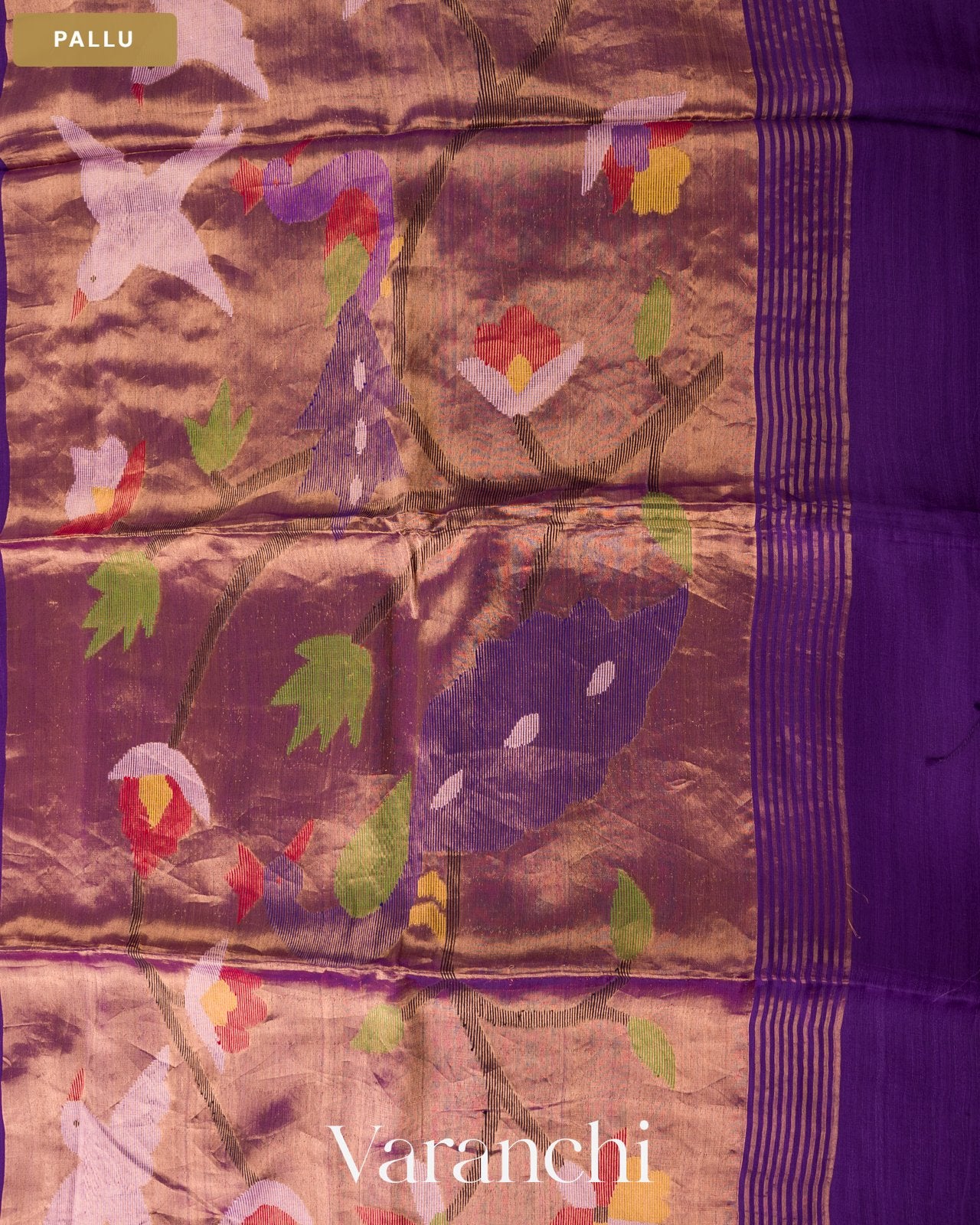 Royal Purple Sequin with Jamdani Paithani Pallu Pure Muslin Silk Handloom Saree — Pallu