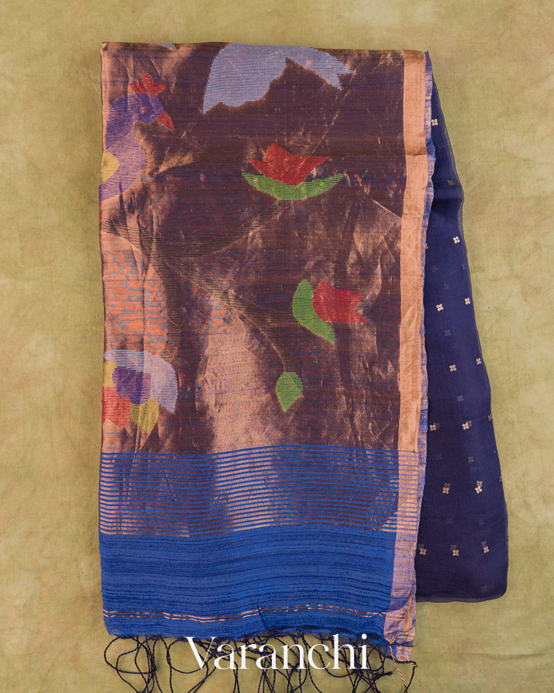 Deep Royal Blue Sequin with Jamdani Paithani Pallu Pure Muslin Silk Handloom Saree — Folded