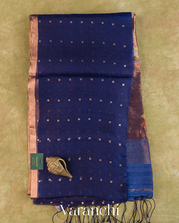 Royal Blue Sequin Jamdani Paithani Pallu Pure Muslin Silk Handloom Saree — Full Saree
