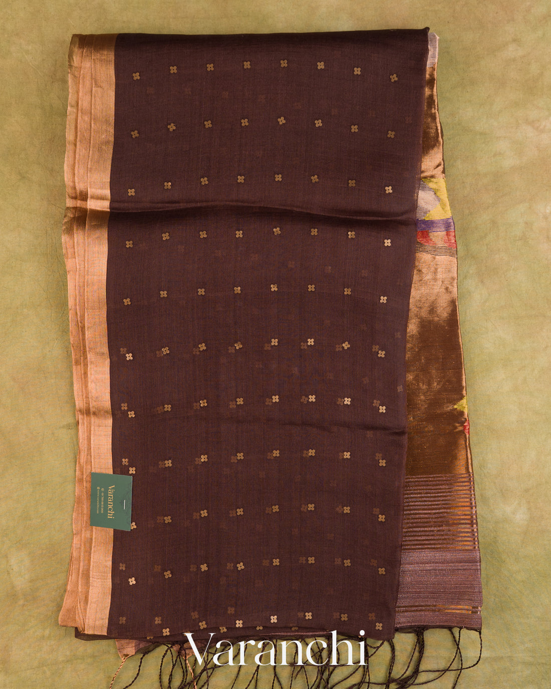 Coffee Brown Sequin Jamdani Paithani Pallu Pure Muslin Silk Handloom Saree — Full Saree